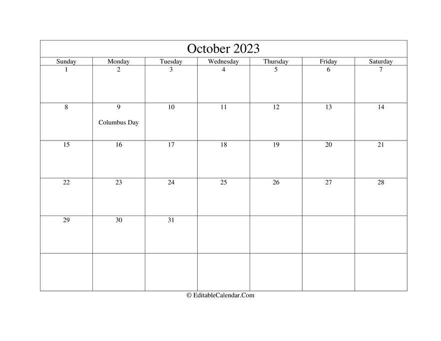 October 2023 Printable Calendar with Holidays
