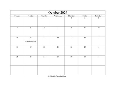 october 2026 printable calendar with holidays