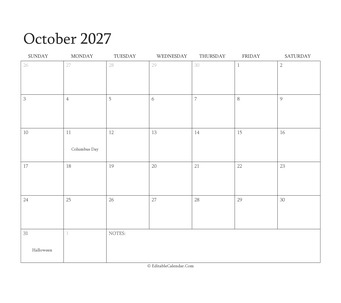 october 2027 editable calendar with holidays