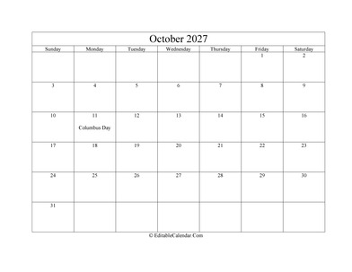 october 2027 printable calendar holidays