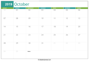 Editable Calendar October 2019