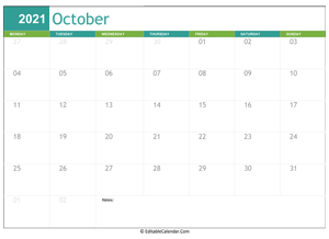 october calendar 2021 printable
