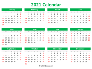 printable 2021 calendar landscape green style