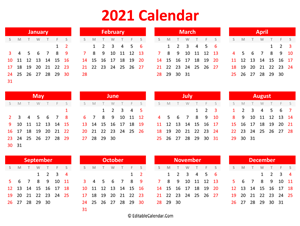 printable 2021 calendar landscape red style