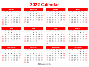 printable 2022 calendar landscape red style