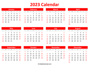 printable 2023 calendar landscape red style