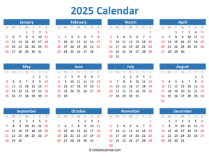 printable 2025 calendar landscape blue style