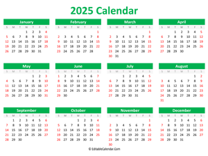 printable 2025 calendar landscape green style