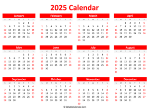 printable 2025 calendar landscape red style