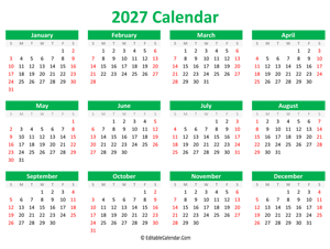 printable 2027 calendar landscape green style