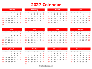 printable 2027 calendar landscape red style
