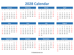 printable 2028 calendar landscape blue style