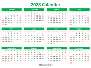 printable 2028 calendar landscape green style