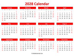 printable 2028 calendar landscape red style