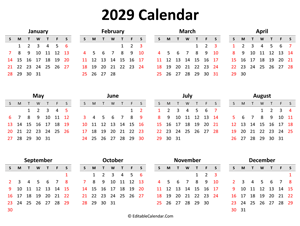 printable 2029 calendar (landscape layout)
