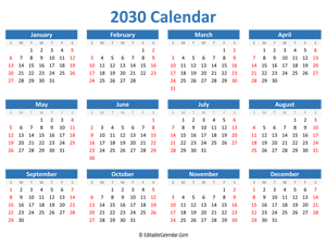 printable 2030 calendar landscape blue style