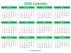 printable 2030 calendar landscape green style