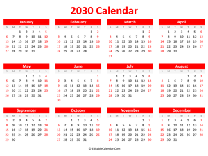 printable 2030 calendar landscape red style