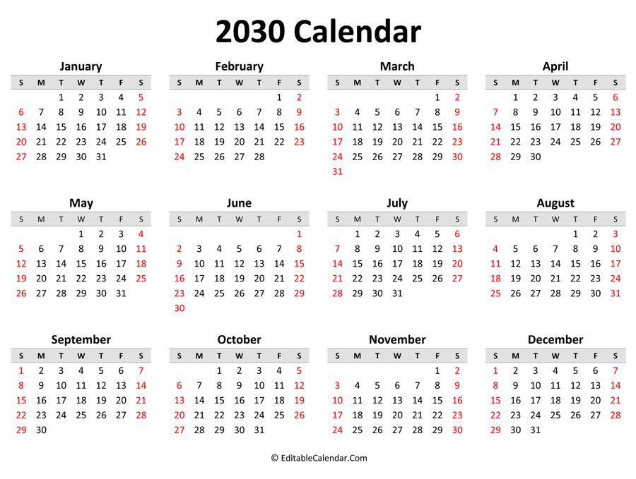 printable 2030 calendar landscape