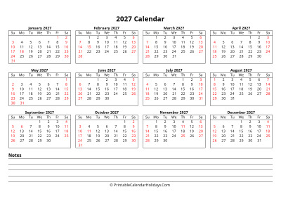 printable calendar 2027 week starts sunday