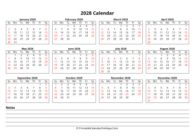 printable calendar 2028 week starts sunday