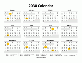 printable calendar 2030 free