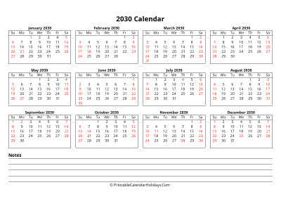 printable calendar 2030 week starts sunday