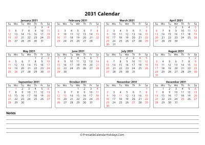 printable calendar 2031 week starts sunday