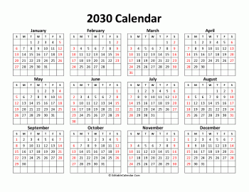 printable free calendar 2030