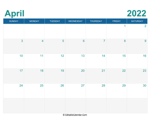 printable monthly calendar april 2022
