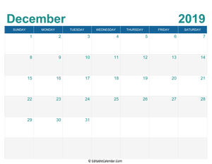 printable monthly calendar december 2019