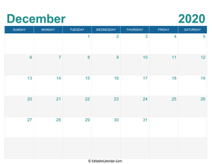 printable monthly calendar december 2020