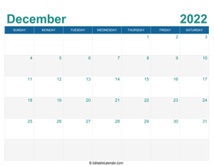 printable monthly calendar december 2022