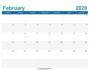 printable monthly calendar february 2020