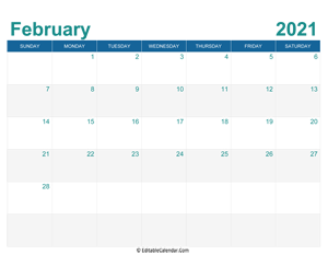 printable monthly calendar february 2021