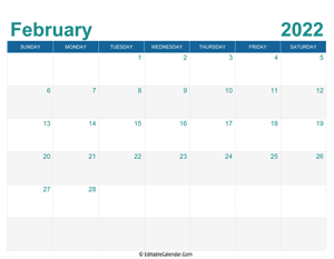 printable monthly calendar february 2022