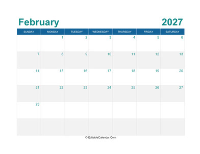 printable monthly calendar february 2027