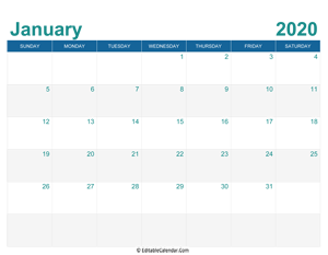 printable monthly calendar january 2020