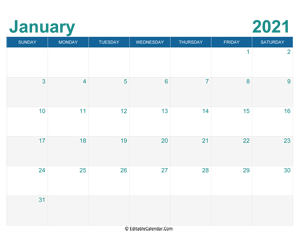January 2021 Editable Calendar with Holidays