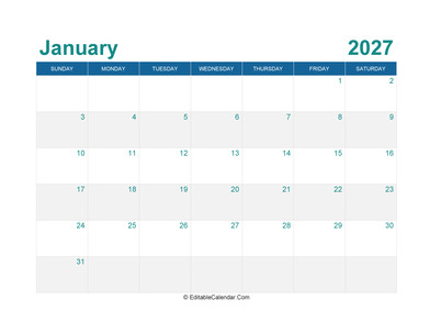 printable monthly calendar january 2027