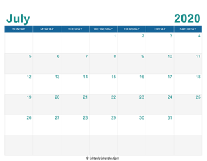 printable monthly calendar july 2020