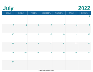printable monthly calendar july 2022
