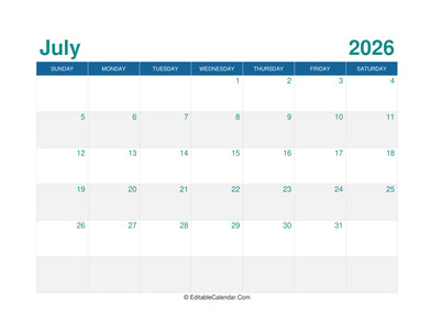 printable monthly calendar july 2026
