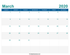 printable monthly calendar march 2020
