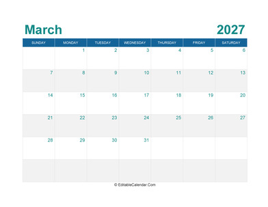 printable monthly calendar march 2027