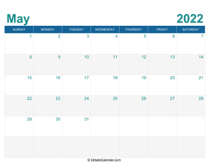 printable monthly calendar may 2022