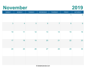 printable monthly calendar november 2019