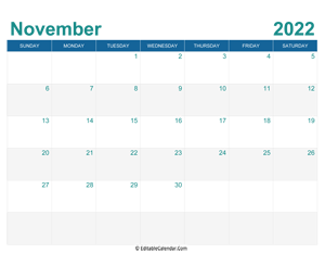 printable monthly calendar november 2022