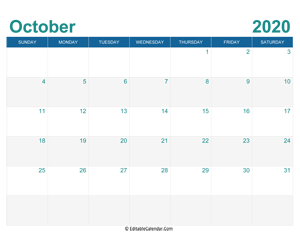 printable monthly calendar october 2020