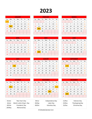 editable 2023 calendar with holidays red style